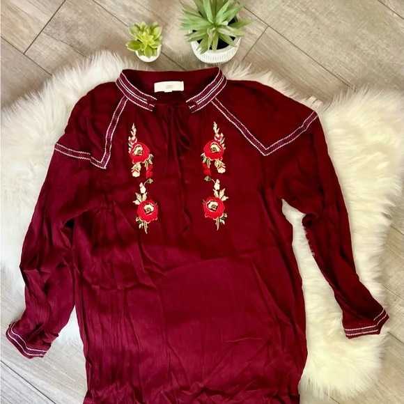 SUZANNE BETRO weekend | NWOT Maroon Embroidered Peasant Blouse (L) - Picture 3 of 10